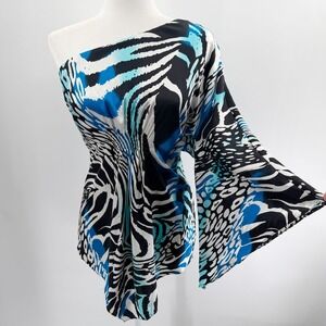 Vintage Y2K One Shoulder Silk Flare Sleeve Top in Zebra Print Blue Size L FLAW